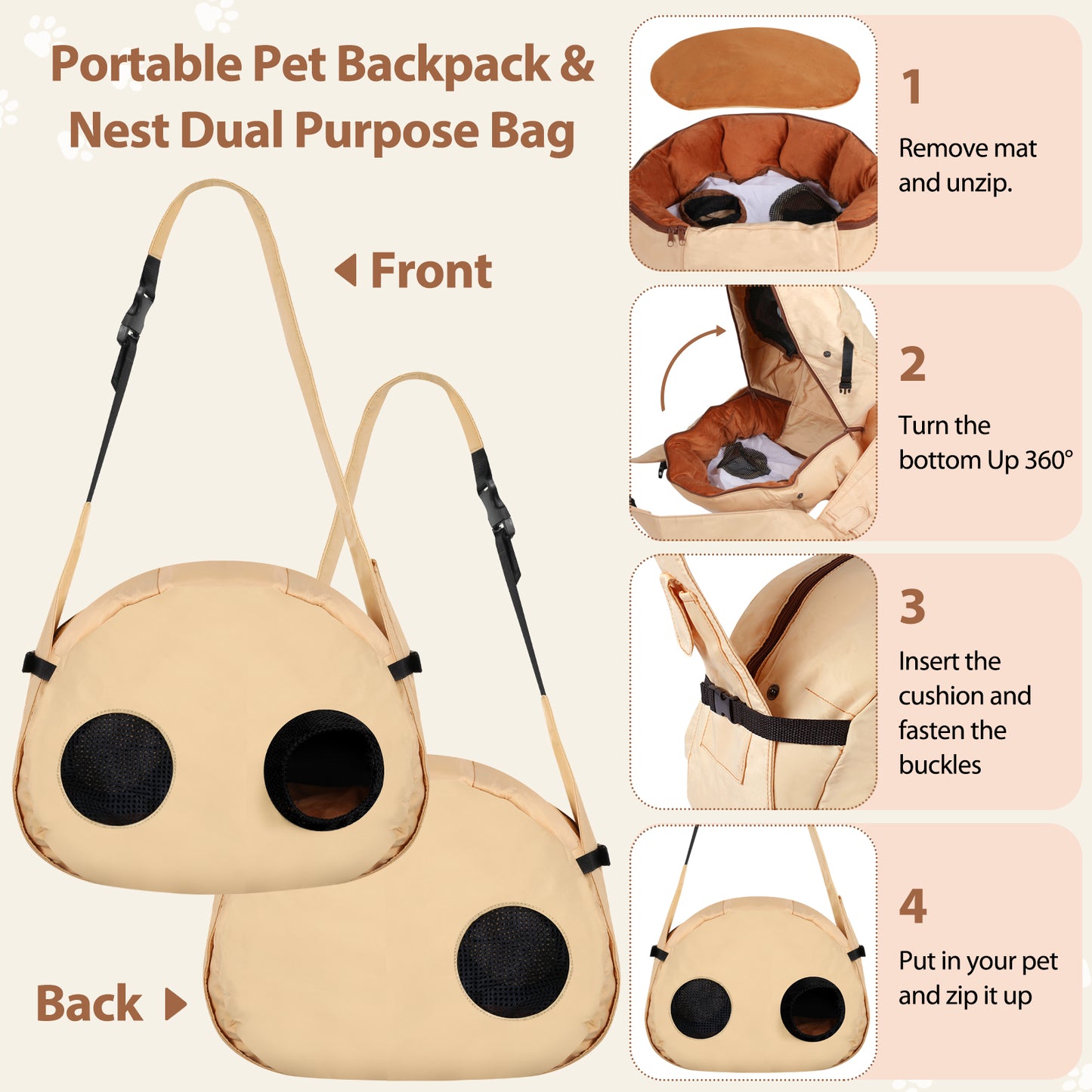 DELOMENPA 2-in-1 Pet Nest & Crossbody Bag-Khaki
