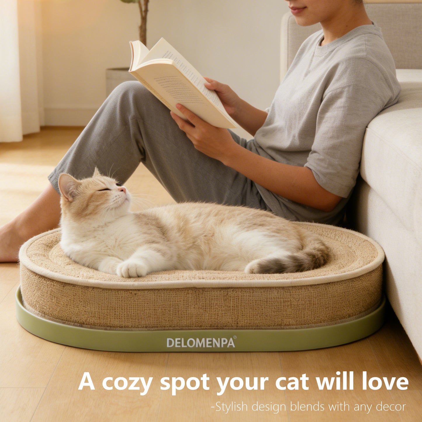 DELOMENPA 2-in-1 Cat Scratcher Bed, Large Sisal Cat Lounge with Durable Plastic Base and Plush Sponge Cushion, Heavy Duty Non-Shedding Scratching Pad for Indoor Cats, Furniture Protector, 22"x14" for Large Size