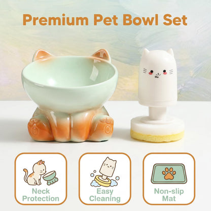 Elevated Ceramic Cat Bowl for Neck Protection, 15° Tilted Whisker Friendly Pet Feeder for Vomiting Prevention, Ergonomic Raised Cat Dish, Modern Aesthetic Feeder for Kittens & Adult Cats