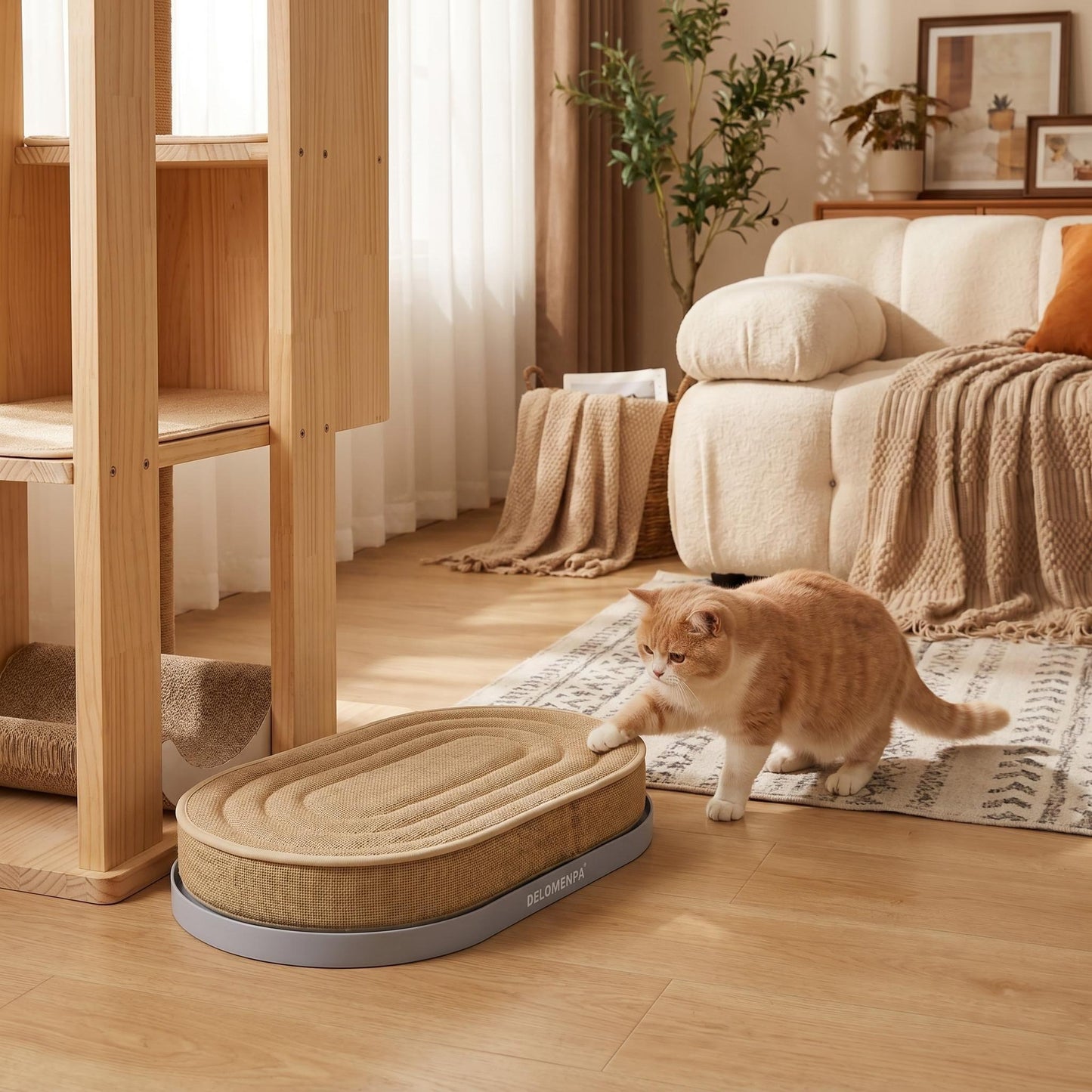 DELOMENPA 2-in-1 Cat Scratcher Bed, Large Sisal Cat Lounge with Durable Plastic Base and Plush Sponge Cushion, Heavy Duty Non-Shedding Scratching Pad for Indoor Cats, Furniture Protector, 22"x14" for Large Size（Blue）
