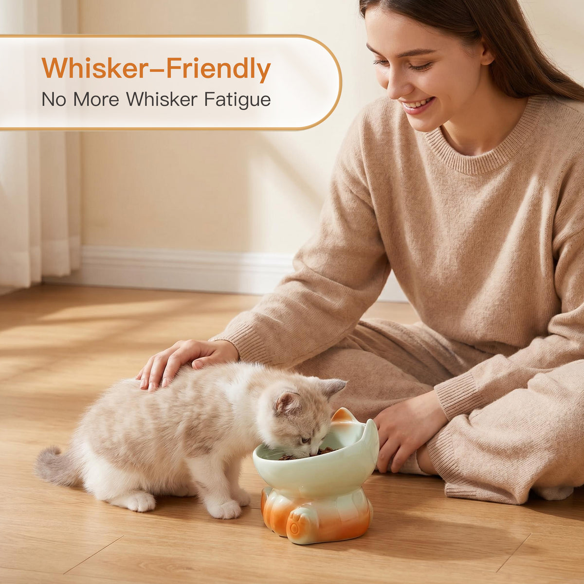 Elevated Ceramic Cat Bowl for Neck Protection, 15° Tilted Whisker Friendly Pet Feeder for Vomiting Prevention, Ergonomic Raised Cat Dish, Modern Aesthetic Feeder for Kittens & Adult Cats