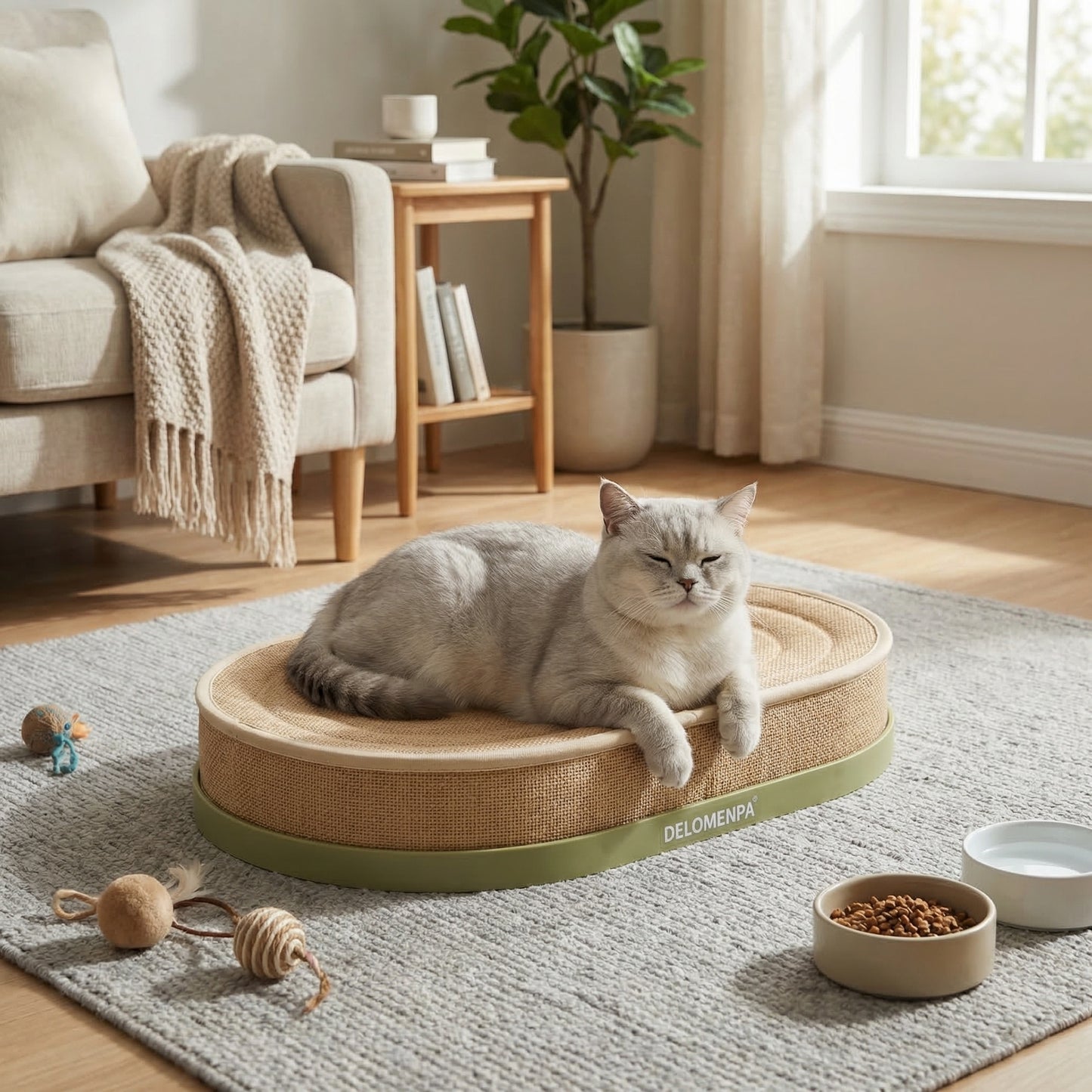 DELOMENPA 2-in-1 Cat Scratcher Bed, Large Sisal Cat Lounge with Durable Plastic Base and Plush Sponge Cushion, Heavy Duty Non-Shedding Scratching Pad for Indoor Cats, Furniture Protector, 22"x14" for Large Size