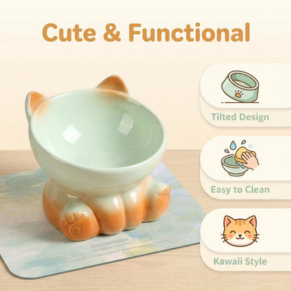 Elevated Ceramic Cat Bowl for Neck Protection, 15° Tilted Whisker Friendly Pet Feeder for Vomiting Prevention, Ergonomic Raised Cat Dish, Modern Aesthetic Feeder for Kittens & Adult Cats