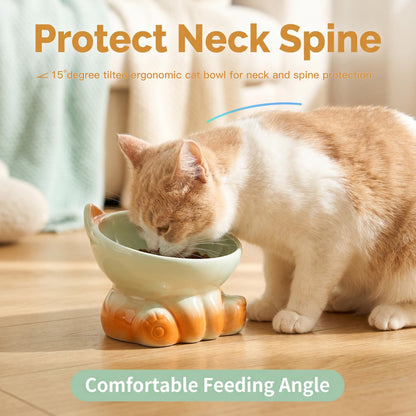 Elevated Ceramic Cat Bowl for Neck Protection, 15° Tilted Whisker Friendly Pet Feeder for Vomiting Prevention, Ergonomic Raised Cat Dish, Modern Aesthetic Feeder for Kittens & Adult Cats